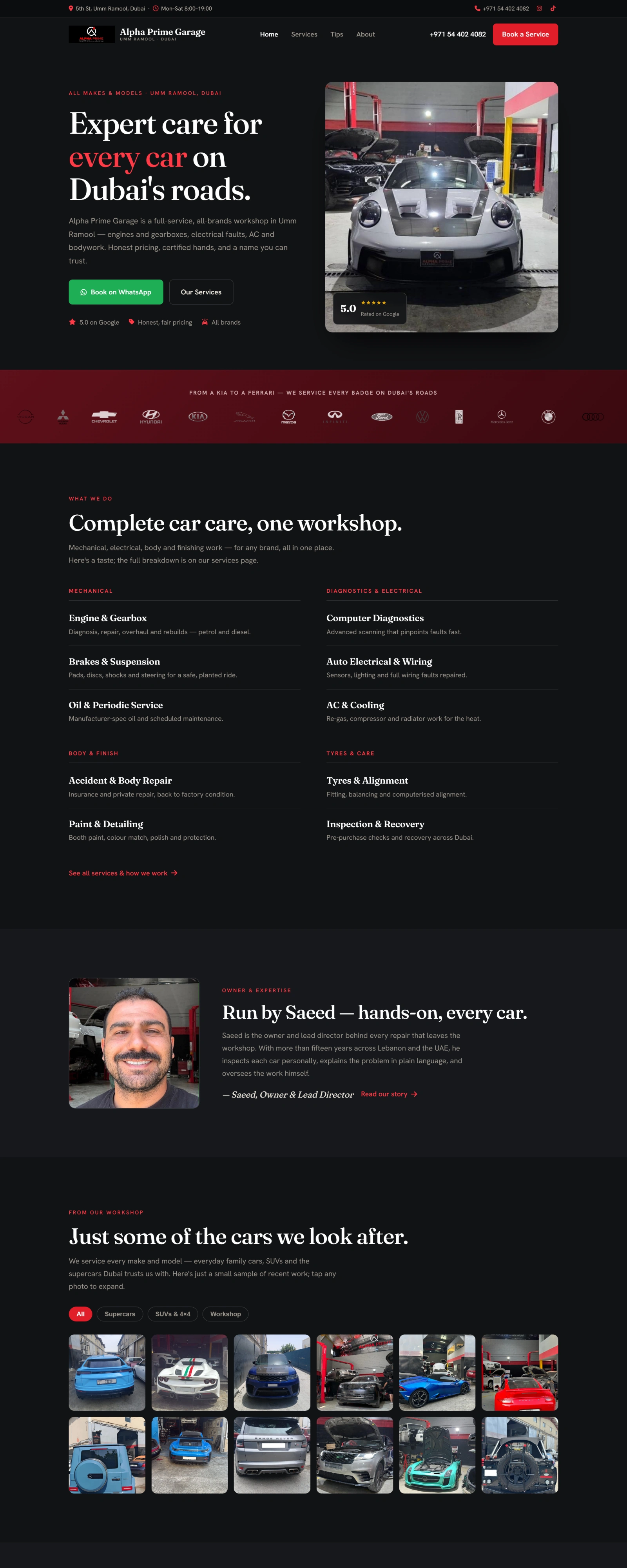 Alpha Prime Garage website homepage: dark hero with a headline about expert car care in Dubai, a strip of car marques serviced, and a grid of mechanical, electrical, body and tyre services.
