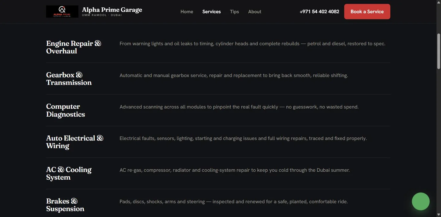 Alpha Prime Garage services page: a full-width list of services — engine repair and overhaul, gearbox and transmission, computer diagnostics, auto electrical and wiring, AC and cooling, brakes and suspension — each with a description beside it.