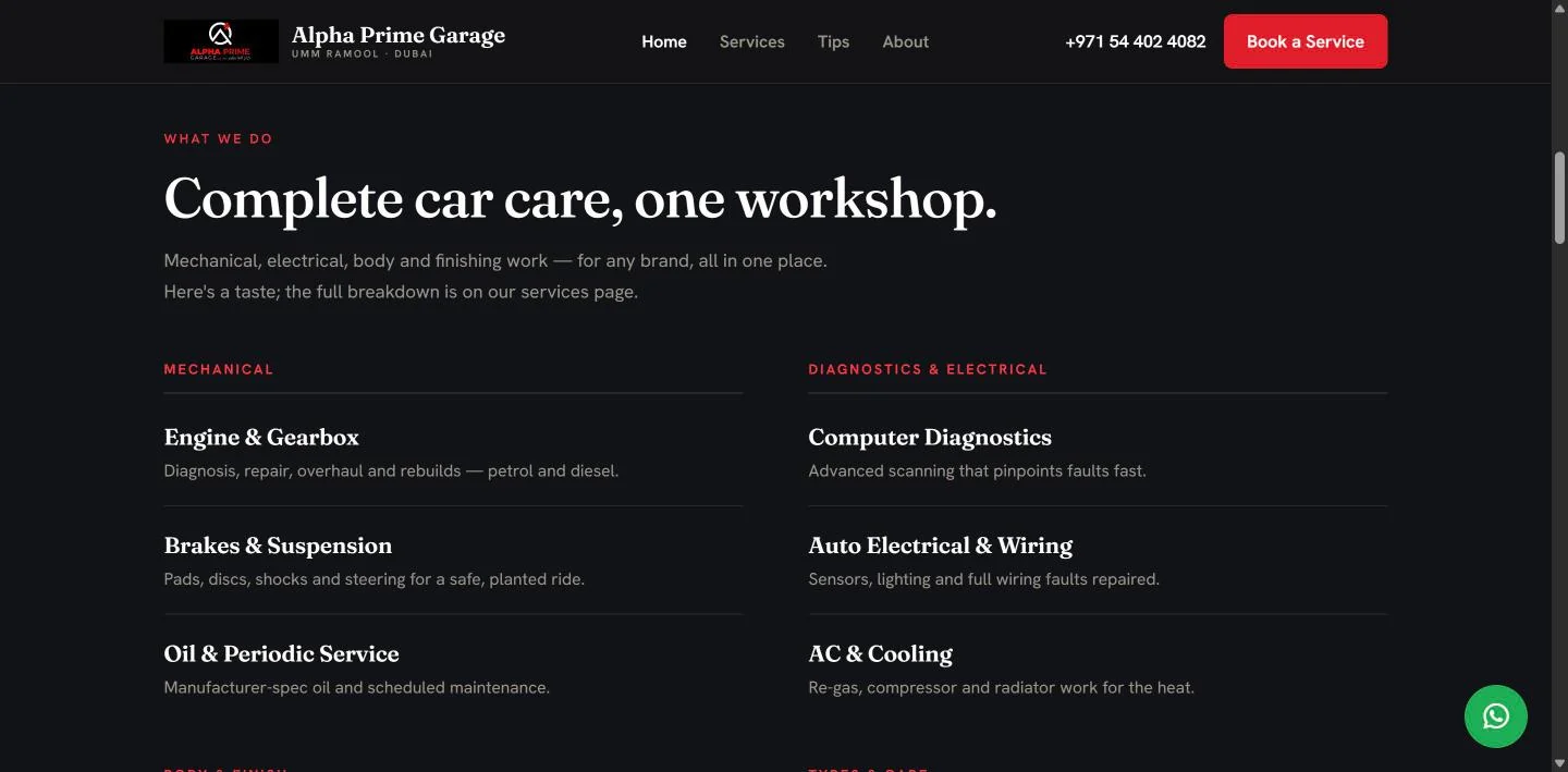 Alpha Prime Garage homepage services section, headed "Complete car care, one workshop", listing mechanical, diagnostics and electrical work in two columns of serif headings with a short line of copy under each.