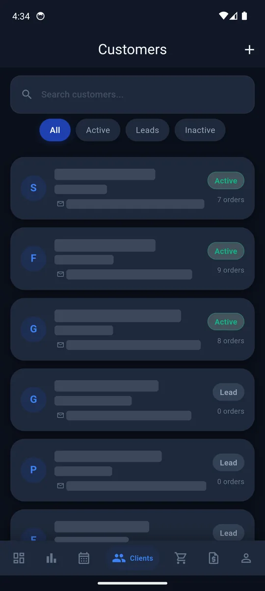 DOPAS CRM customer list: a search box, All, Active, Leads and Inactive chips, and demo cards whose company, contact and email are redacted, beside order counts.