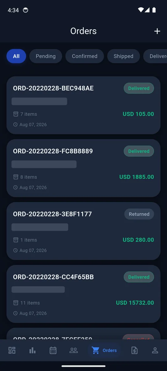 DOPAS CRM order list with All, Pending, Confirmed, Shipped and Delivered chips over demo orders showing reference, redacted company, items, value and state.