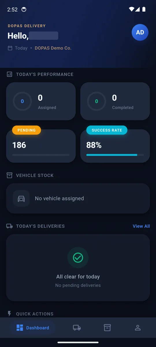 DOPAS Delivery driver dashboard: a greeting with the name redacted, today's assigned and completed counts, 186 pending, an 88% success rate and vehicle stock.