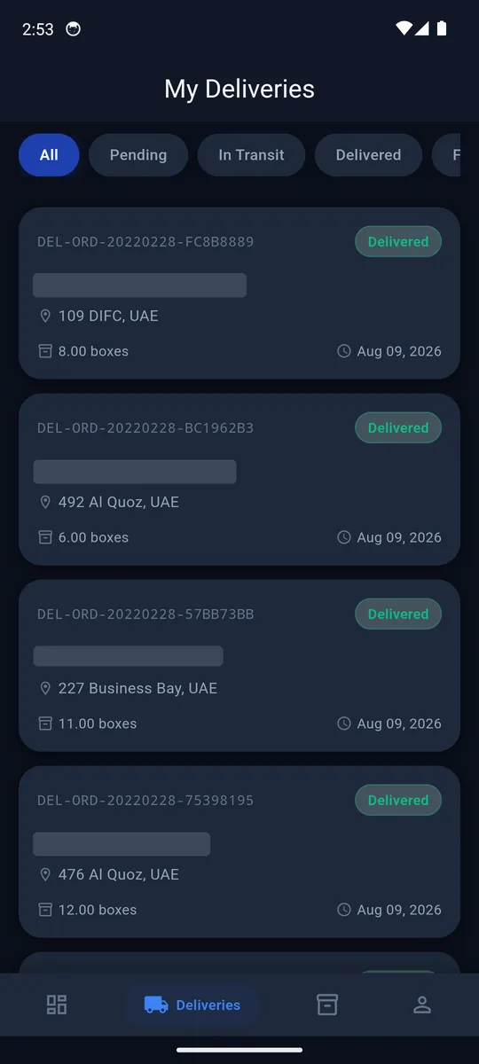 DOPAS Delivery "My Deliveries" list: All, Pending, In Transit and Delivered chips above demo cards with reference, redacted customer, address and boxes.
