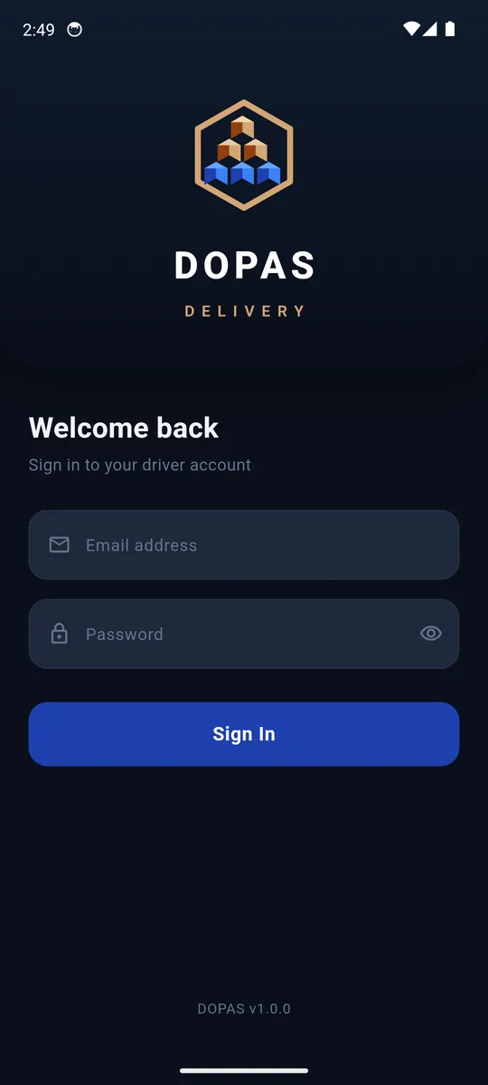 DOPAS Delivery sign-in screen: the DOPAS hexagon lockup above "Welcome back", an email field, a password field and a blue Sign In button.