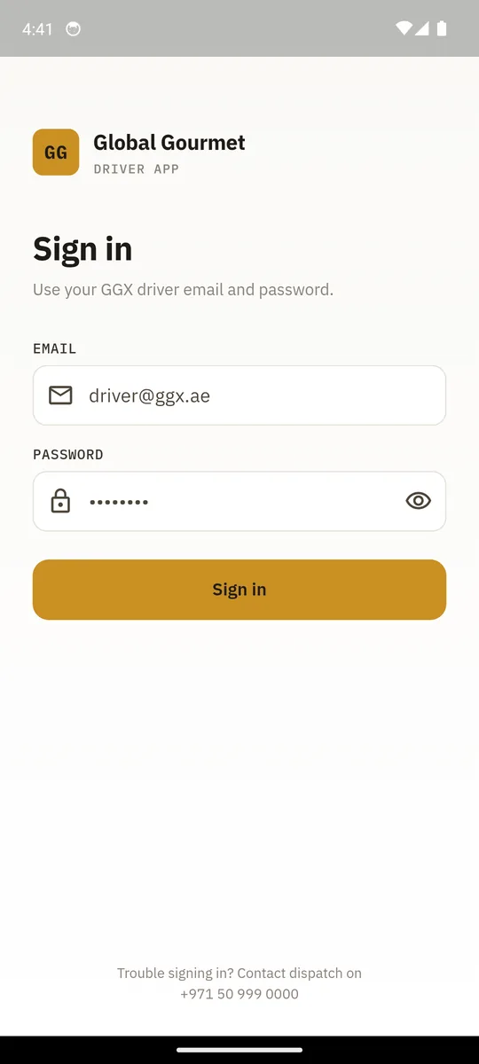 Global Gourmet driver app sign-in: the GG mark beside a Driver App label, a Sign in heading, filled email and password fields, and an amber Sign in button.