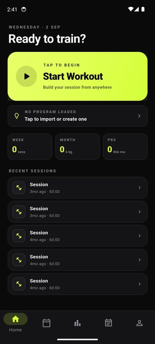 Training log home screen: "Ready to train?" above a lime Start Workout card, week, month and personal-record counters, and a list of recent sessions.