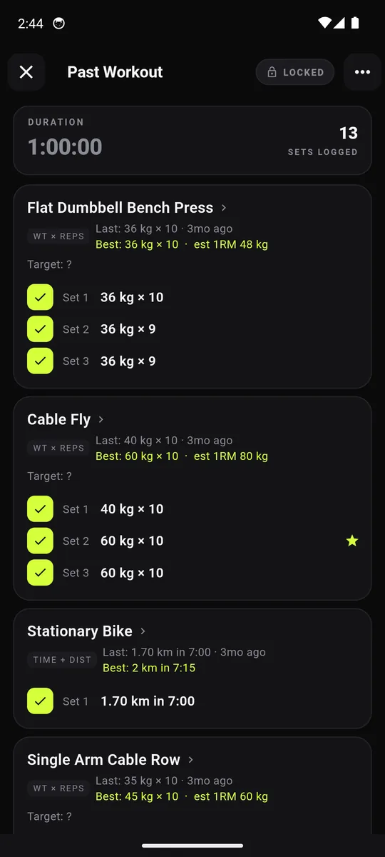 Training log past workout: one hour, 13 sets logged, each exercise broken out set by set as weight times reps with an estimated one-rep max and a record star.