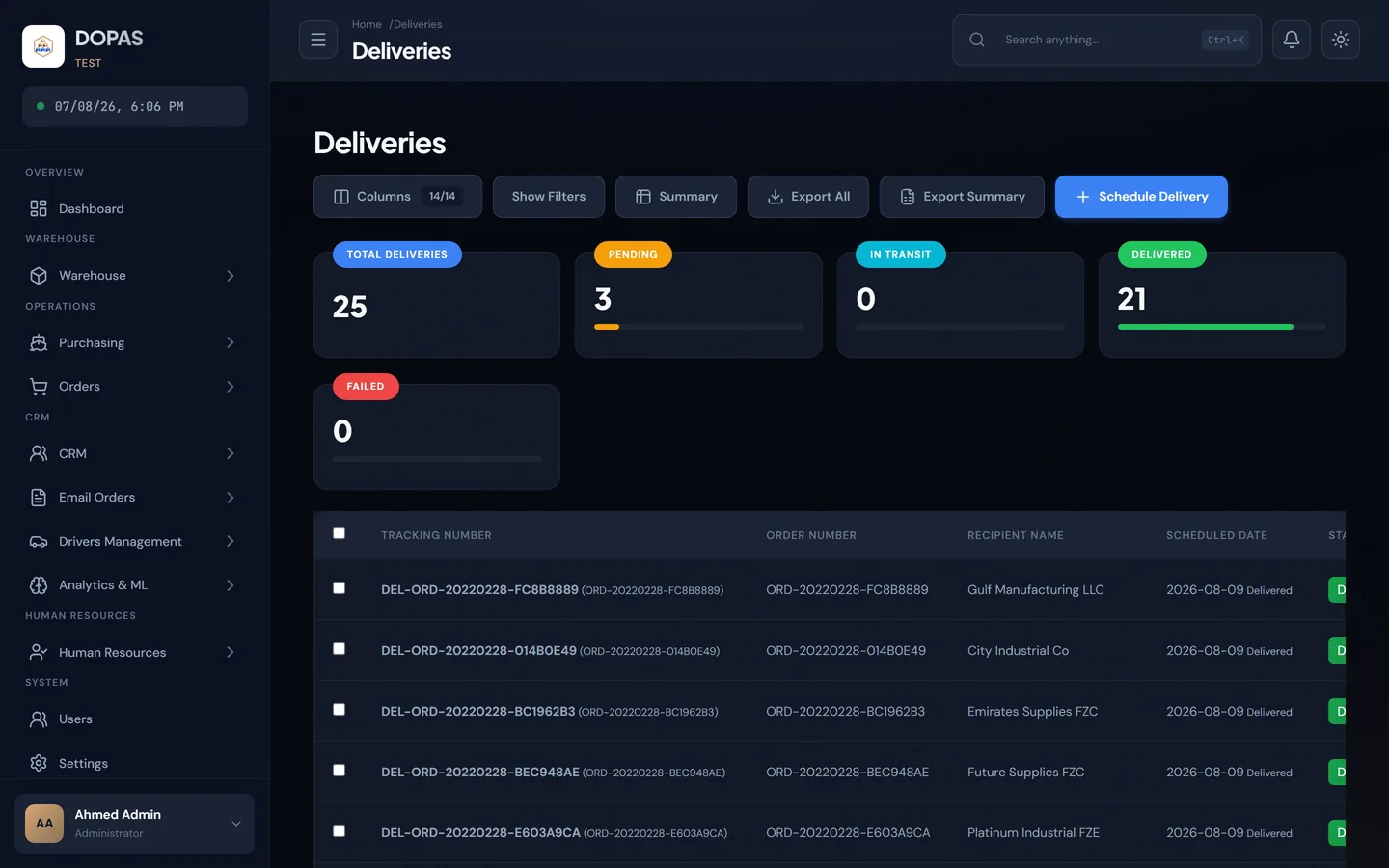 DOPAS deliveries list showing scheduled deliveries, assigned drivers and delivery status.