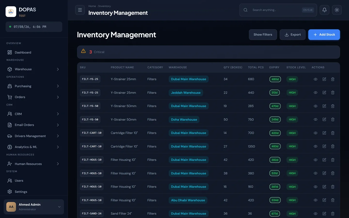 DOPAS inventory management screen listing stock items with quantities, warehouse locations and stock-level indicators.