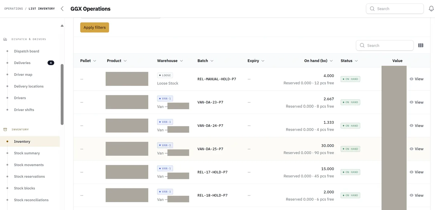 GGX Operations inventory screen: pallet stock rows showing warehouse or van location, batch reference, expiry, quantity on hand in boxes, reserved and free pieces, and stock status.
