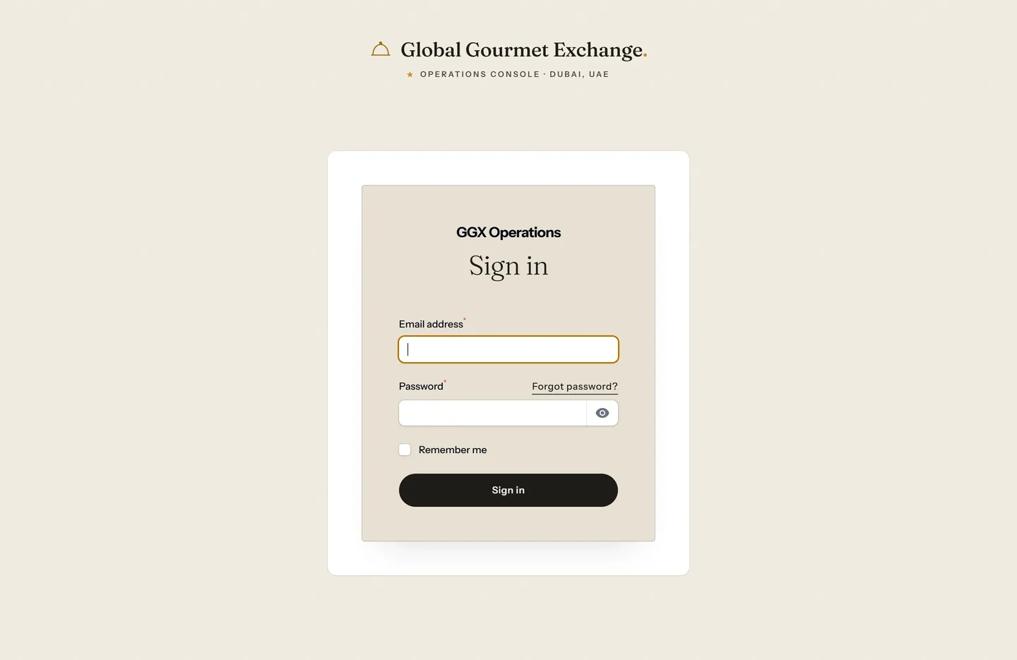 Sign-in screen of the GGX Operations console, branded Global Gourmet Exchange, with email and password fields, a remember-me option and a sign-in button.