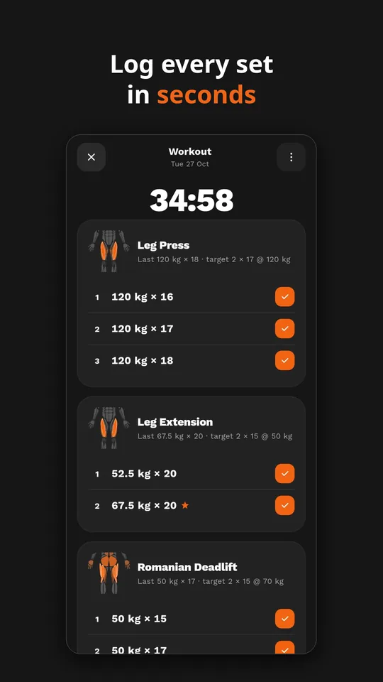 شاشة التمرين في Gym Log تحت عنوان «سجّل كل مجموعة في ثوانٍ»: مؤقّت جلسة يعمل، ثم ضغط الساقين ومدّ الساقين والرفعة الرومانية، ولكل منها المرة السابقة وهدف اليوم، وكل مجموعة مسجّلة بالوزن مضروبًا في التكرارات مع نجمة رقم قياسي عند أفضل نتيجة جديدة.