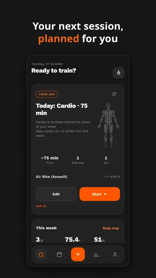 الشاشة الرئيسية في Gym Log تحت عنوان «جلستك التالية، مخطّطة لك»: بطاقة «يومك» تقترح جلسة اليوم مع سببها ومدتها وتمارينها ومجموعاتها، وزرّا تعديل وبدء، ورابط «اسأل الذكاء الاصطناعي».